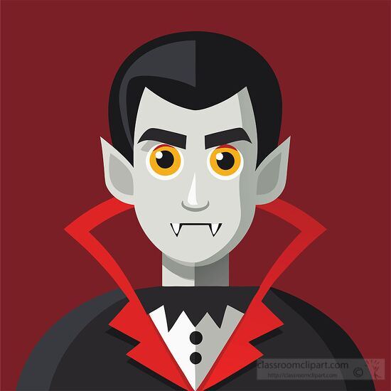 Dracula with pale gray skin sharp fangs and a red collar