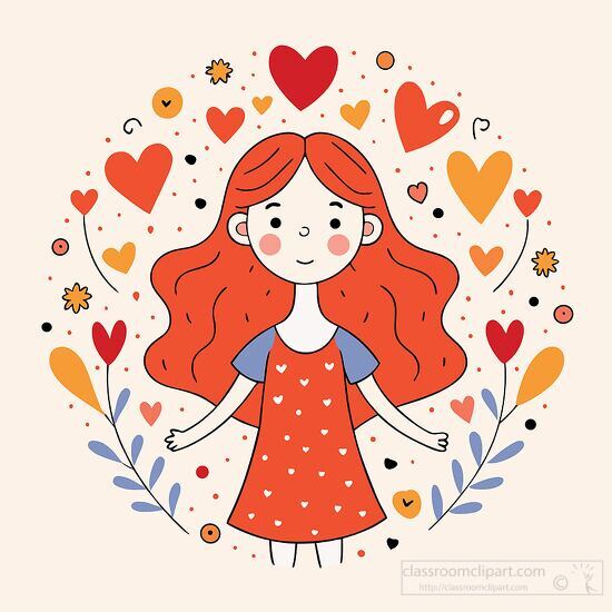 drawing of a girl with red hair with hearts and leaves