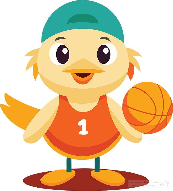 duckling wearing a cap and an orange jersey holds a basketball