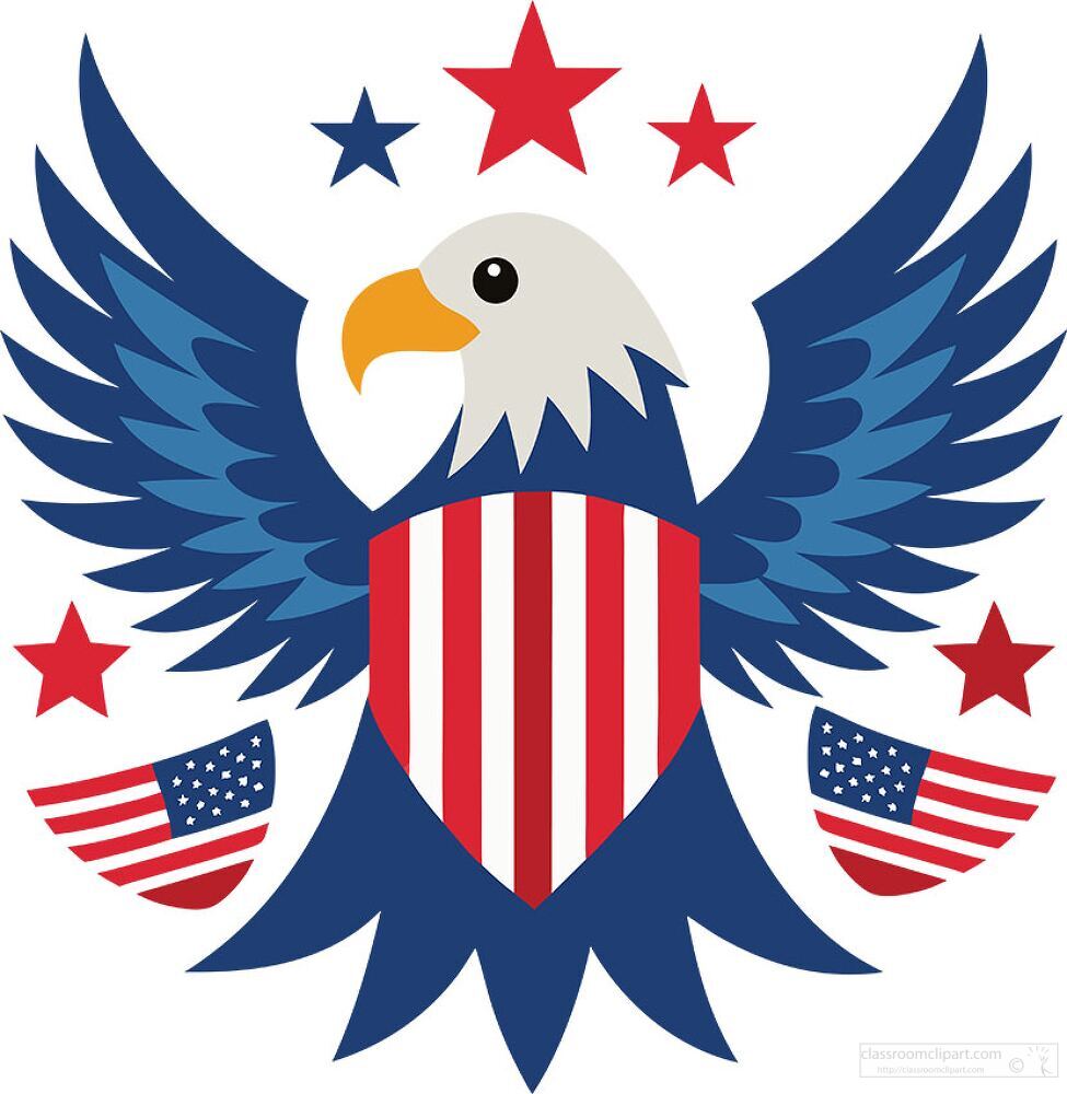 eagle holds a red and white shield symbolizing patriotism