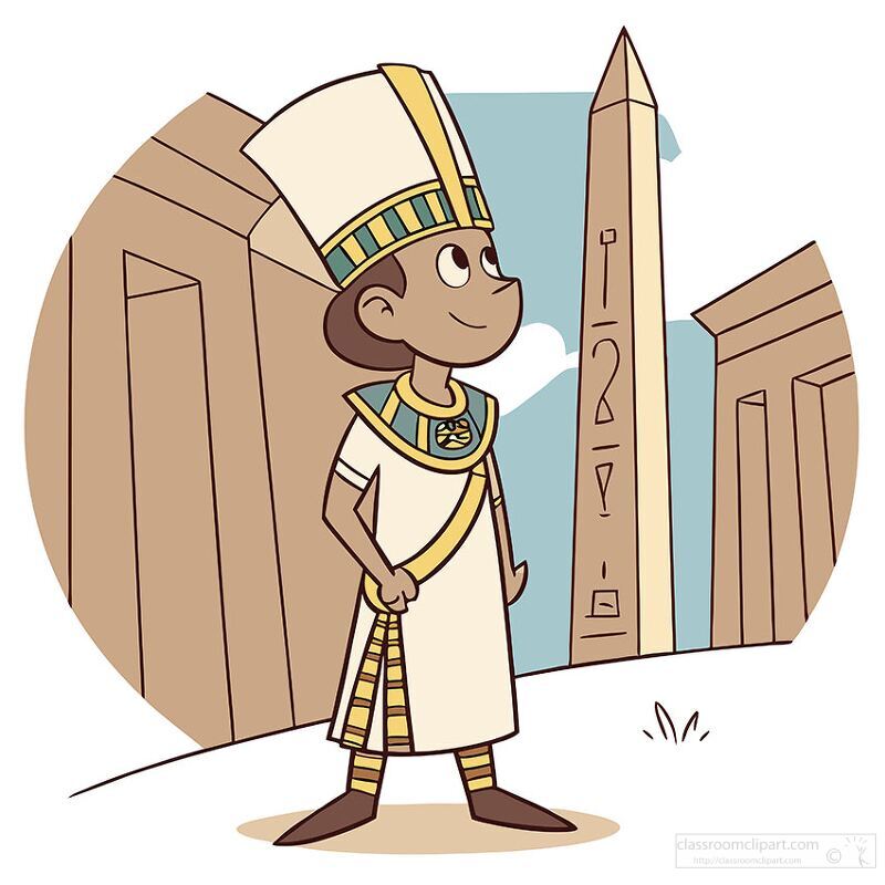 Egyptian pharaoh stands surrounded by pillars and an obelisk