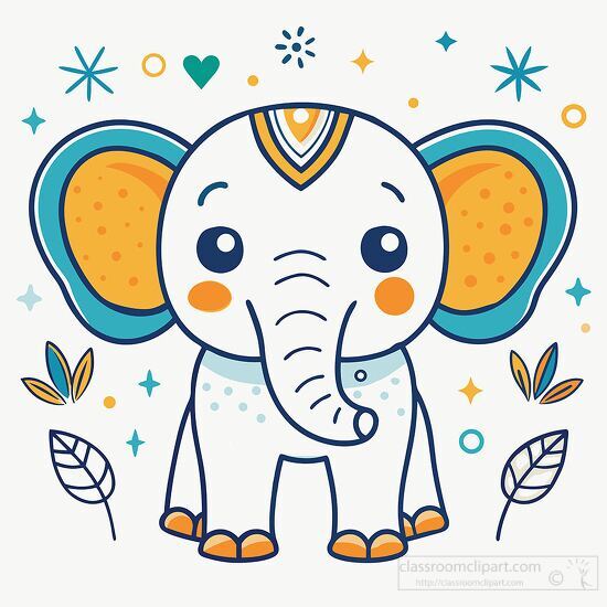 elephant with large ears surrounded by stars and hearts