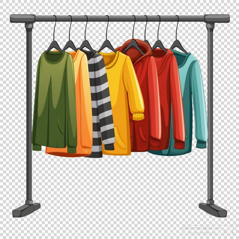 A clothes rack displays a variety of colorful hoodies and sweaters in different styles. The garments hang neatly, showcasing vibrant colors perfect for colder weather.