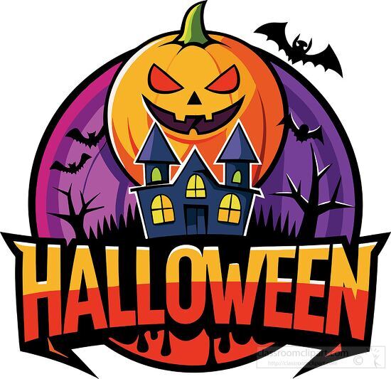 evil looking pumpkin with haunted house clipart