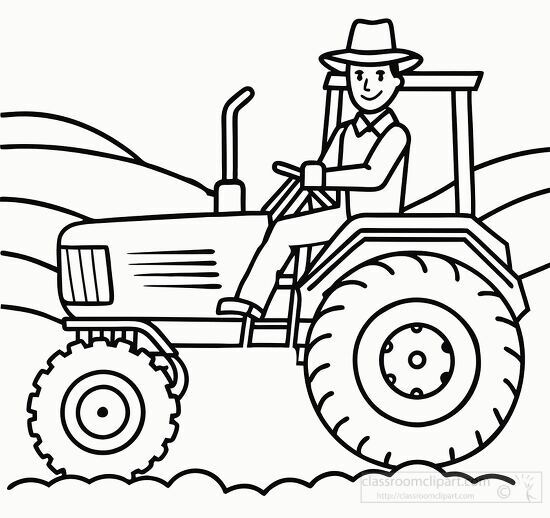 Farmer driving a tractor with rolling hills black outline