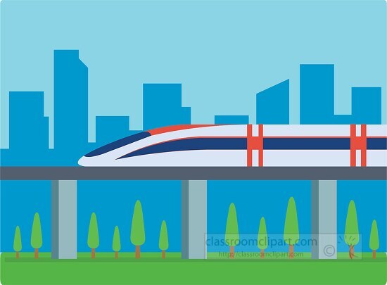 fast speeding bullet train with city in background clipart