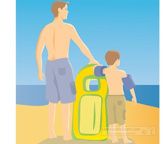 father son at beach with raft