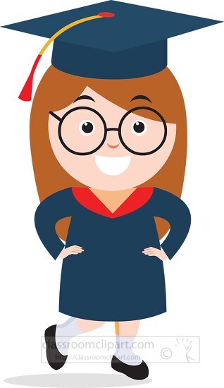 female graduate wearing glasses cap gown clipart