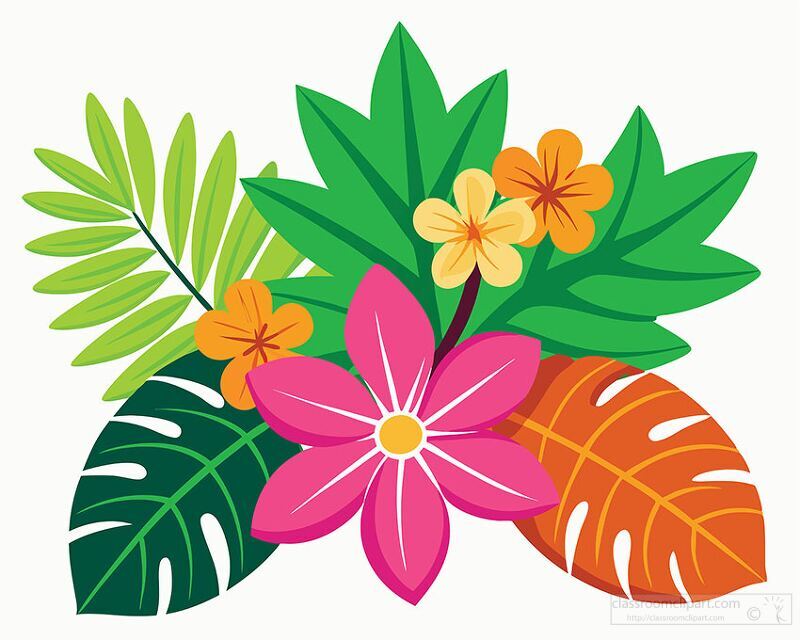 flat design of colorful tropical plants and flowers