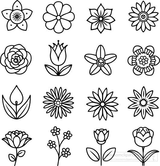 flower icon outline of different styles shapes and petals