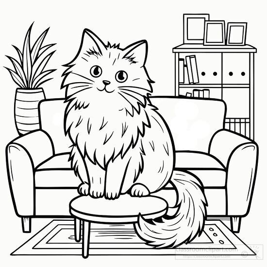 fluffy cat sitting on a small table in a cozy living room