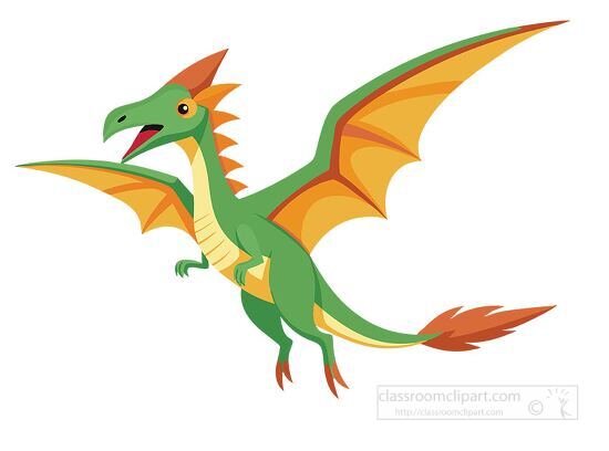 prehistoric green flying dinosaur with orange wings and spikes