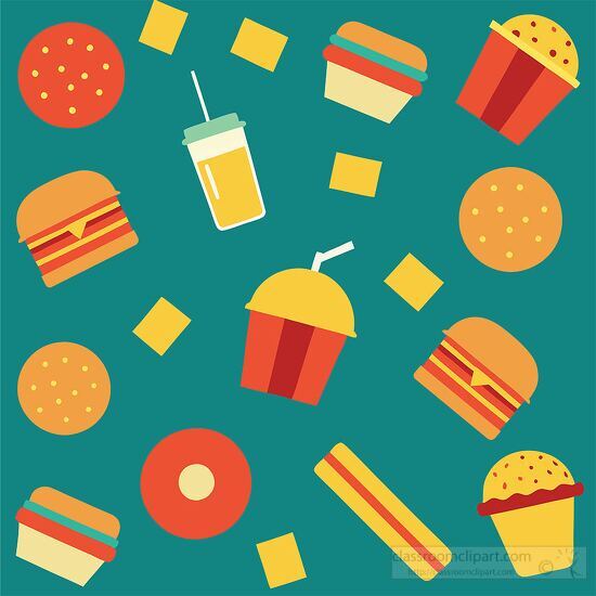 food pattern with colorful burgers sodas and fries