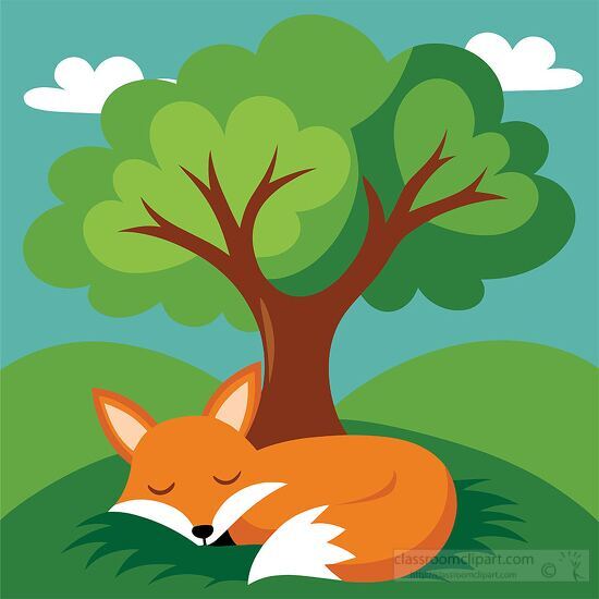 fox sleeping under a tree