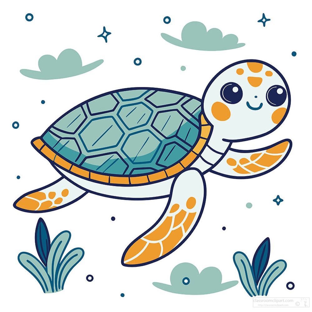 friendly turtle surrounded by underwater themed elements