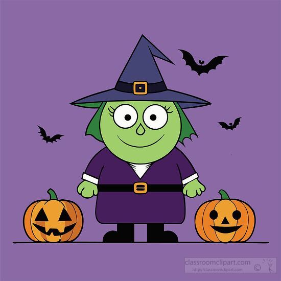 friendly witch with green eyes stands against a purple backgroun