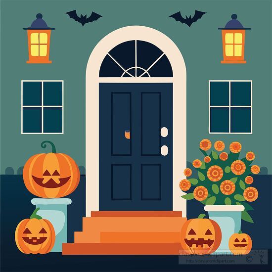 front door decorated for halloween with pumpkins lanterns bats