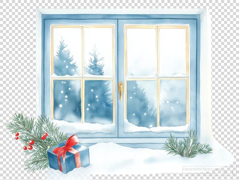 Frosty Window With Holiday Decorations and Gifts