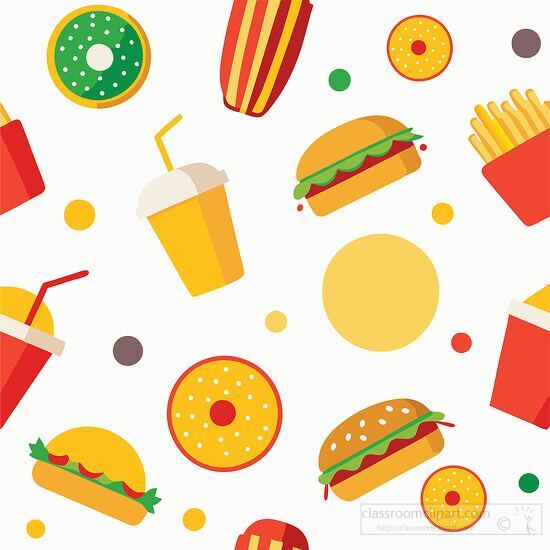 Fun colorful fast food icons scattered across a white background