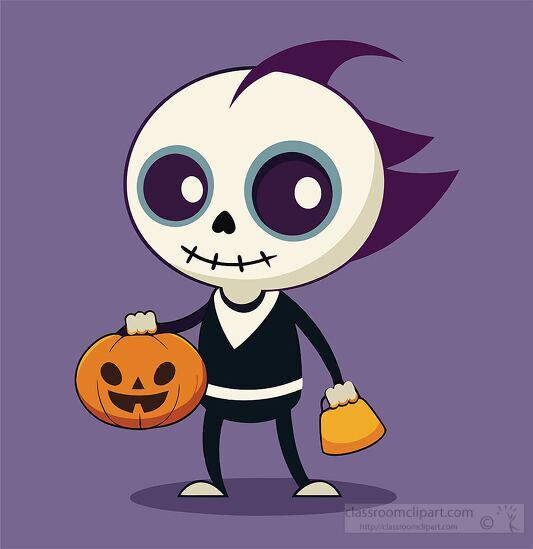 funny skeleton with a pumpkin shaped trick or treat bag