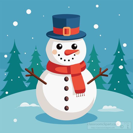 funny snowman with a blue top hat and red scarf