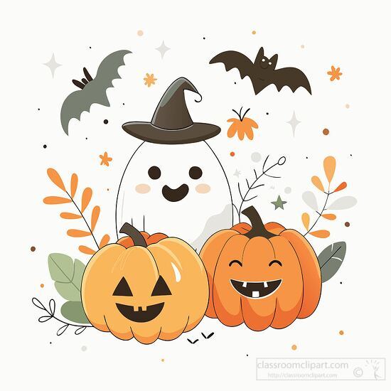 ghost in a witch hat enjoys Halloween with flying bats and autum