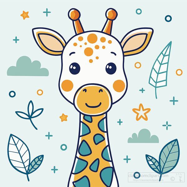 giraffe illustration shows a happy giraffe with a cheerful expre