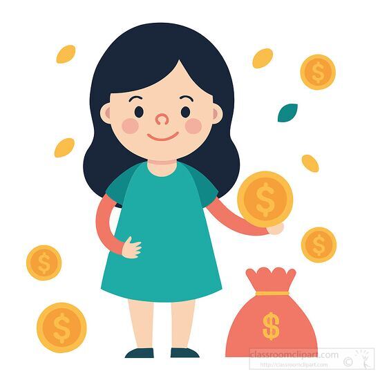 girl holding a big dollar coin and money bag