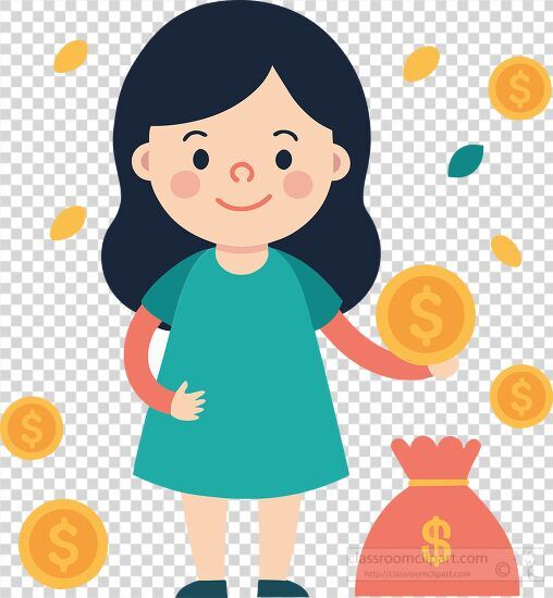 girl holding a big dollar coin and money bag transparent