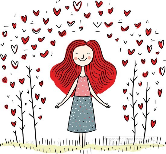 girl surrounded by red hears and happiness