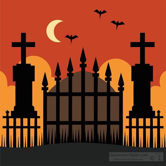 graveyard fence with tall spires stands against an orange sky