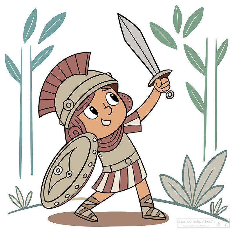 Greek solider stands with a sword and shield clipart