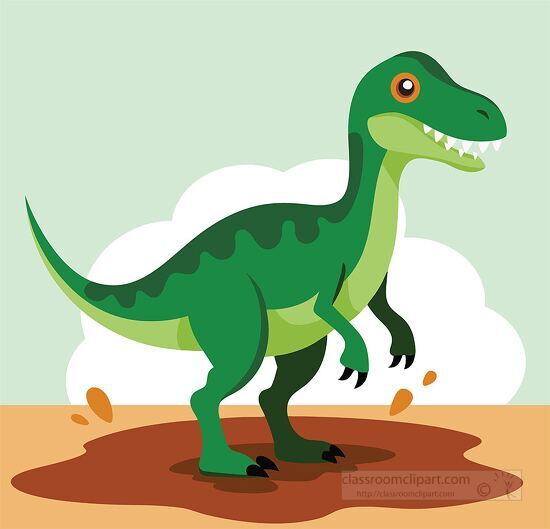 green cartoon Velocraptor standing in a muddy area clipart