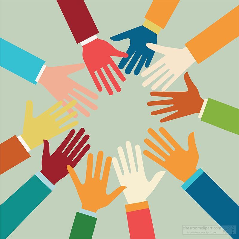 group of colorful hands arranged in a circular formation in a he