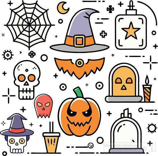 Halloween icons including a haunted castle bats pumpkins