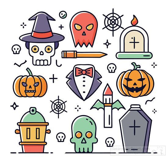 Halloween themed icon set with pumpkins ghosts and gravestones