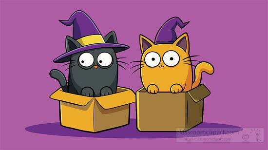 Halloween themed illustration of cats wearing witch hats