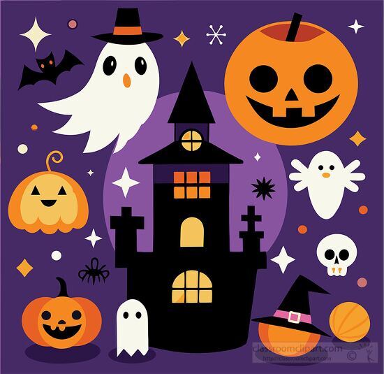 Halloween themed illustration with a ghost bat and pumpkins