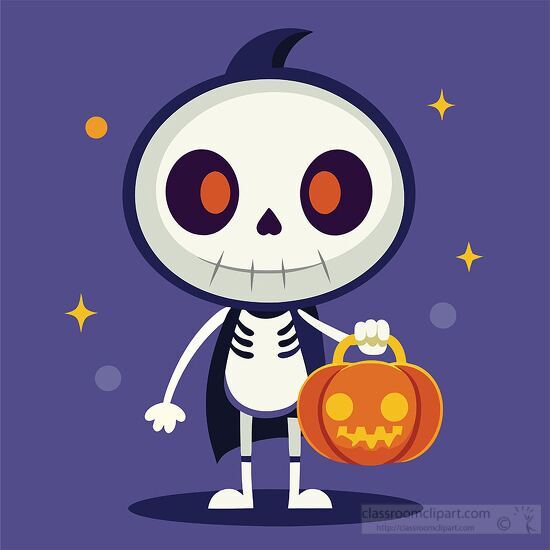 halloween white skeleton holds a candy filled pumpkin