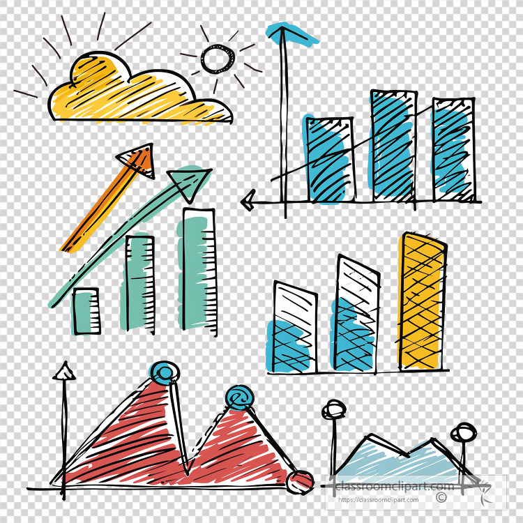 Hand drawn colorful bar line and pie charts with growth arrows