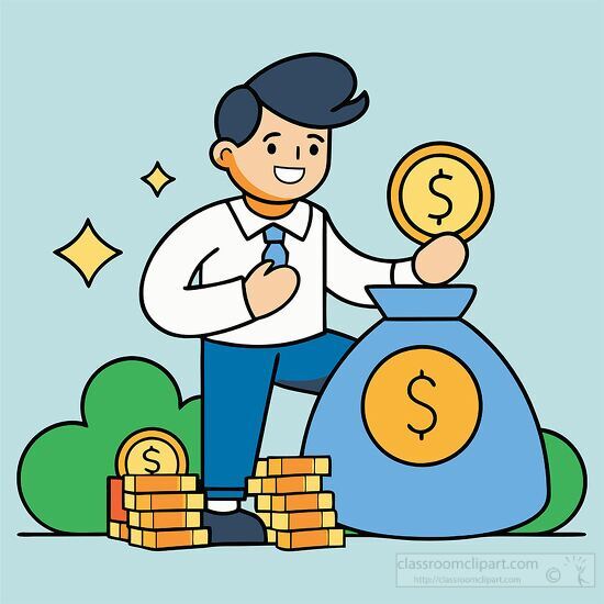 happy businessman surrounded by money