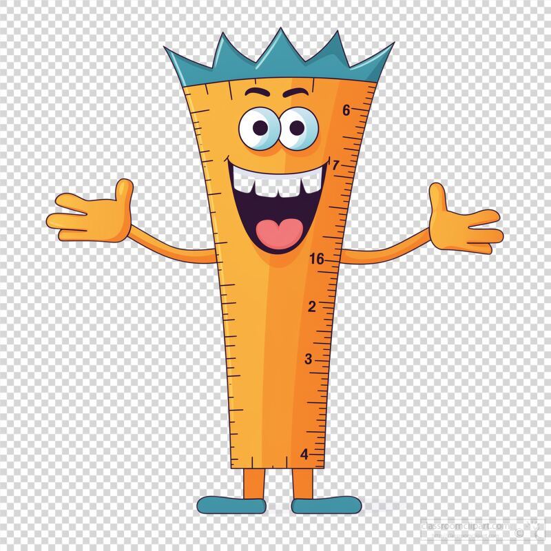 A cheerful cartoon ruler character with arms outstretched stands against a simple background. It has a friendly smile and vibrant colors, creating a joyful atmosphere perfect for kids.