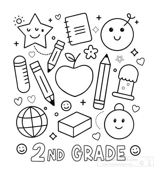 happy cute school icons with text 2nd grade outline printable