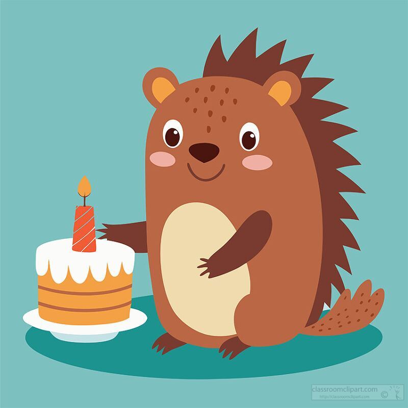 happy hedgehog celebrates with a birthday cake