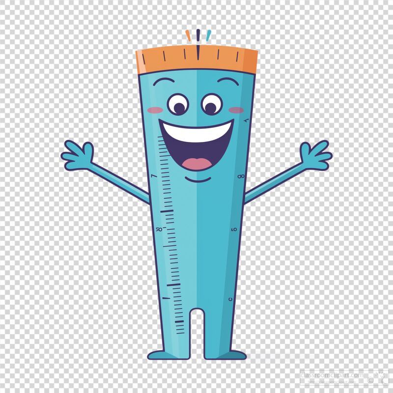 A cheerful and animated ruler character stands with arms wide open, conveying a sense of joy. The design features a blue body with an orange top, bringing playfulness to measurement tools.