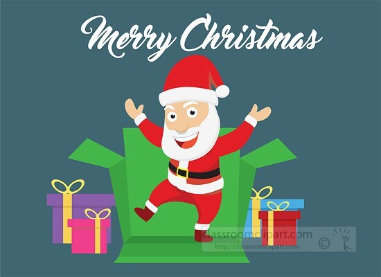 happy santa emerging from gift box and dancing christmas clipart