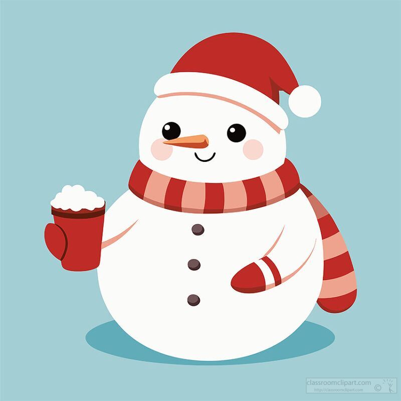 happy snowman in a Santa hat and red scarf holds a mug