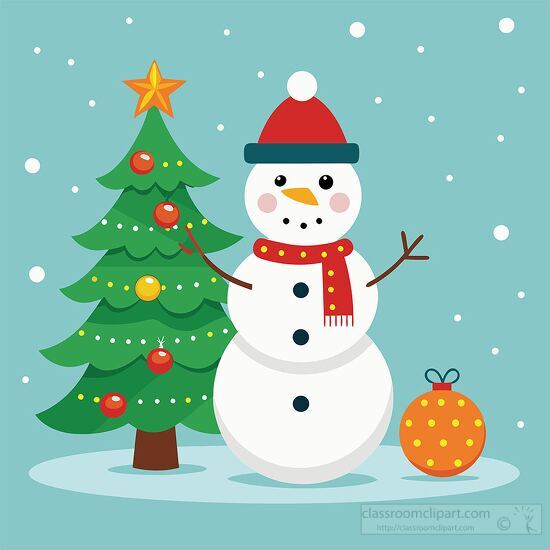 happy snowman stands next to a Christmas tree