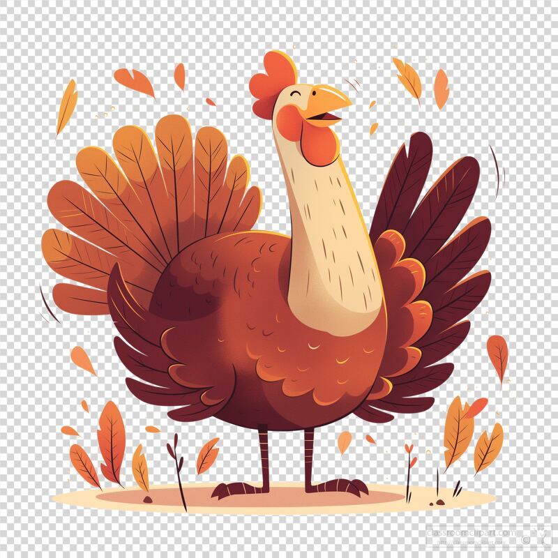 A joyful turkey sits contentedly amidst falling autumn leaves. The turkey displays vibrant feathers and a cheerful expression, embodying the essence of the season.