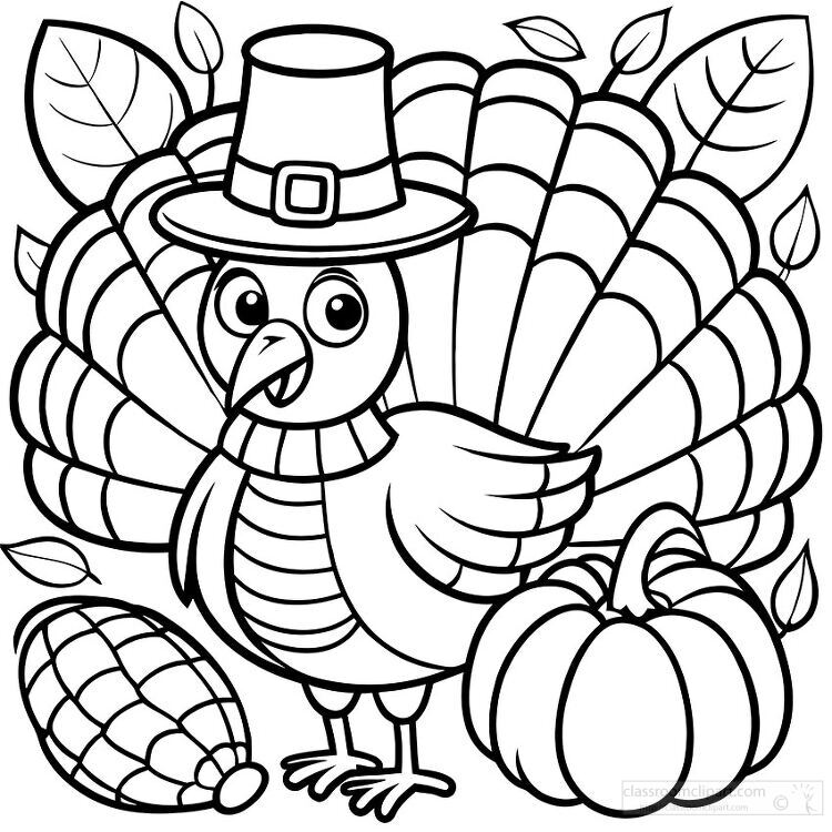 happy turkey surrounded by pumpkins and autumn leaves